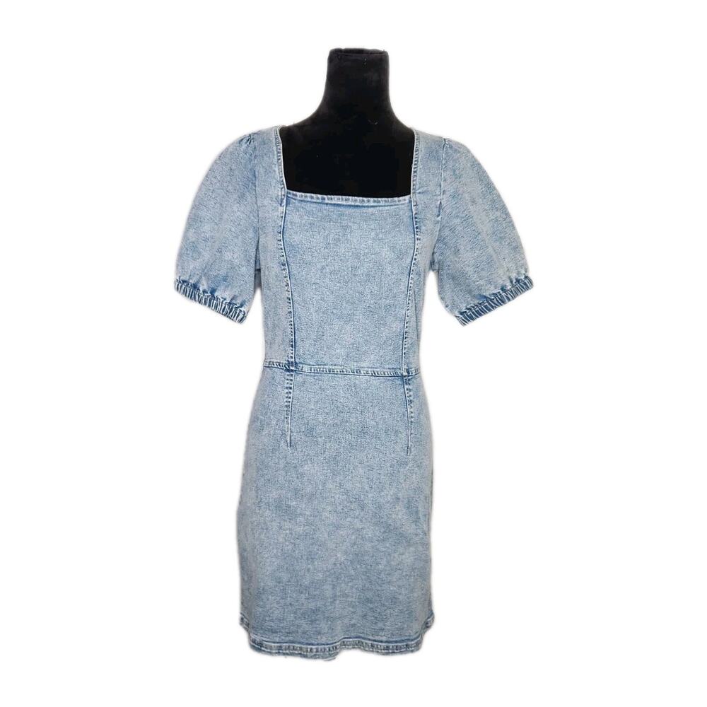 Entro light blue stretch denim mini dress square neck with puff sleeve size L